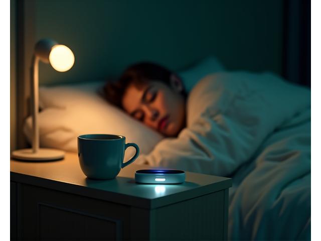 Nowoczesne urządzenie do monitorowania snu na nocnym stoliku obok spokojnie śpiącej osoby, w stonowanym świetle.