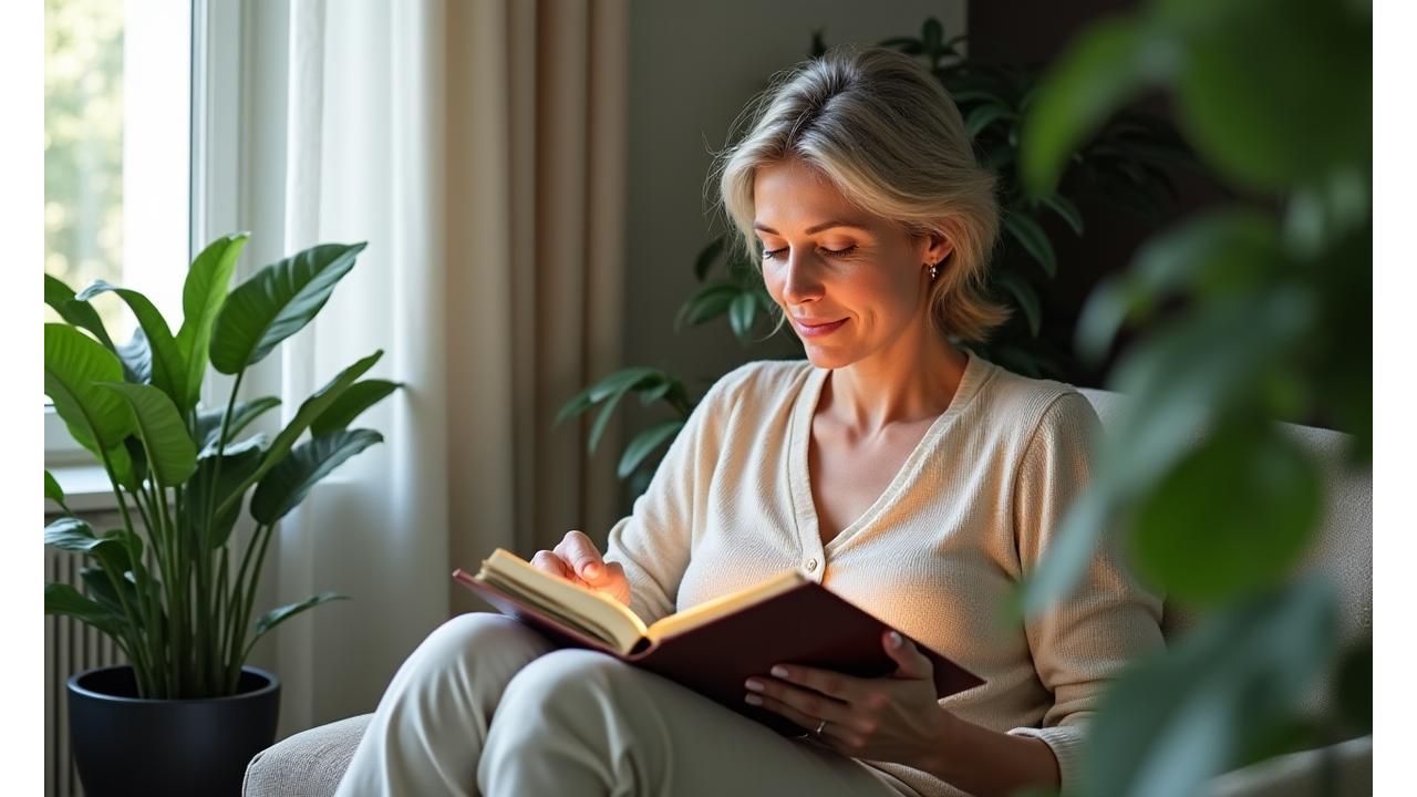 Kobieta w średnim wieku zrelaksowana, czytająca książkę o wellness w otoczeniu zieleni