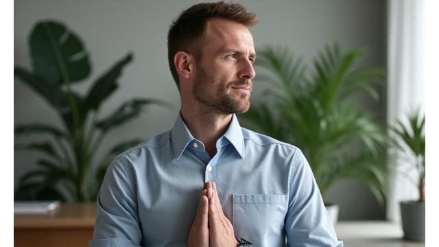 Piotr w pozycji jogi, na tle spokojnego biura