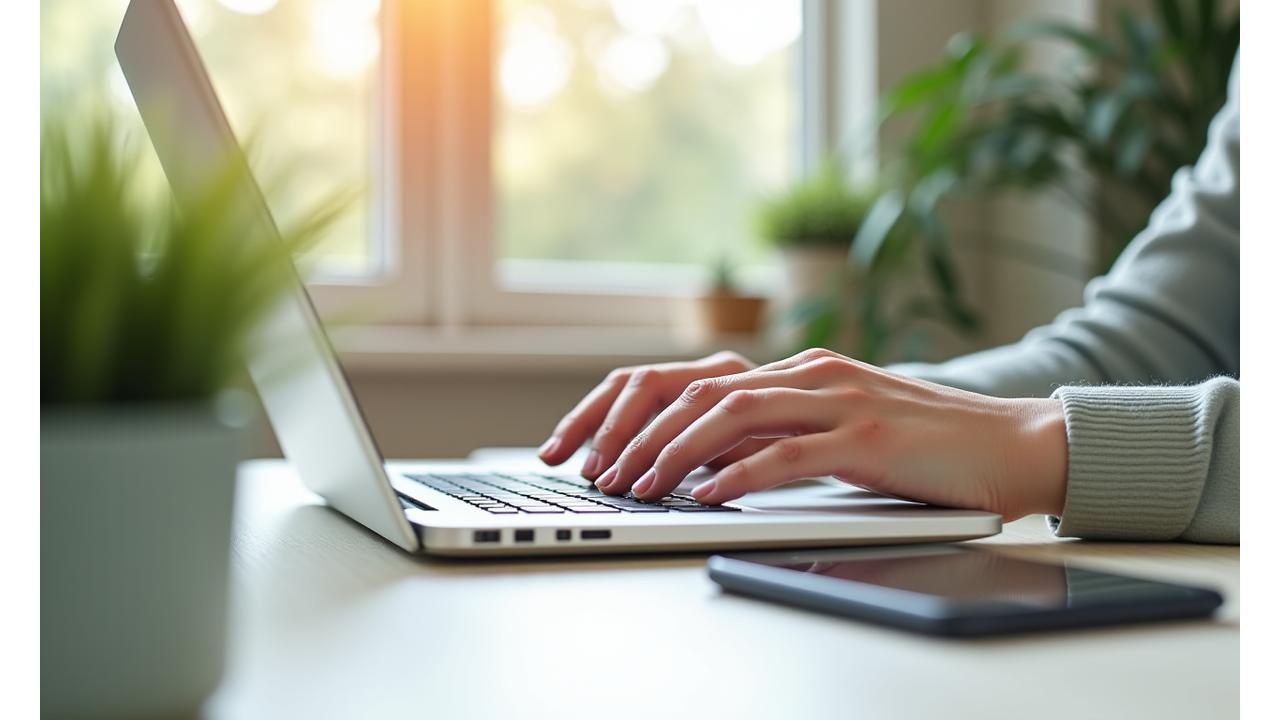 Osoba pisząca wiadomość na laptopie z ikonami symbolizującymi różne opcje kontaktu: telefon, mail, czat.
