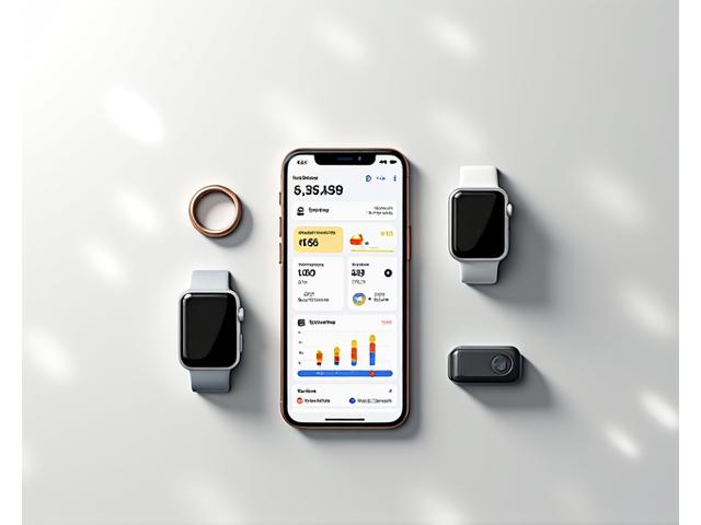 Wizualizacja danych zdrowotnych na ekranie smartfona w połączeniu z różnymi smartwatchami i opaskami fitness.