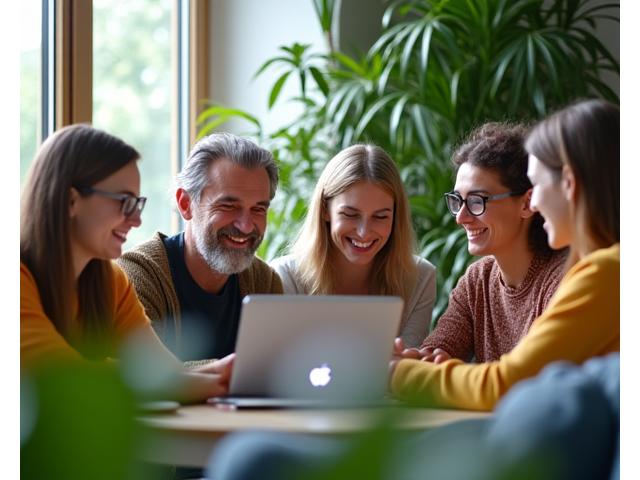 Szczęśliwa grupa osób 35+ z Polski, angażująca się w dyskusje o wellness na laptopach i tabletach, z zielonymi roślinami w tle.