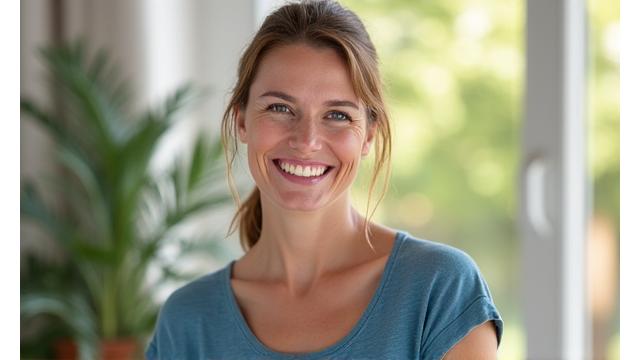 Anna (48 lat) uśmiechnięta po utracie wagi, z porównaniem zdjęć 'przed i po'.