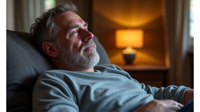 Marek (55 lat) w odprężonej pozie, symbolizującej redukcję stresu.