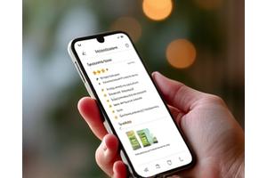 Ręka trzymająca smartfona, na ekranie którego wyświetlona jest recenzja produktu wellness.